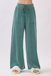 Teal Ribbed Knit Top and Wide Leg Pants Set