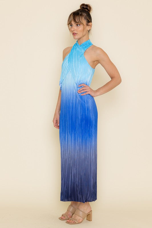 Blue Multi Pleated Maxi Dress