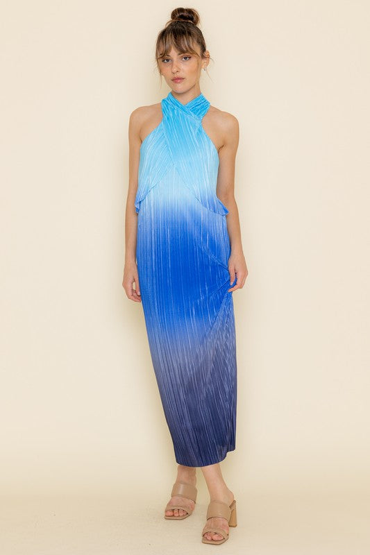 Blue Multi Pleated Maxi Dress
