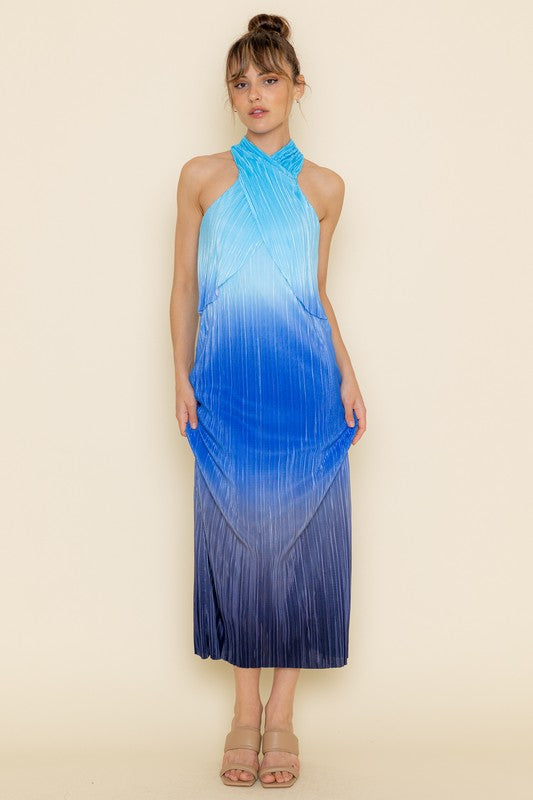 Blue Multi Pleated Maxi Dress