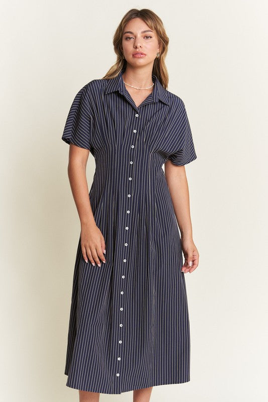 Navy Button Front Striped Dress