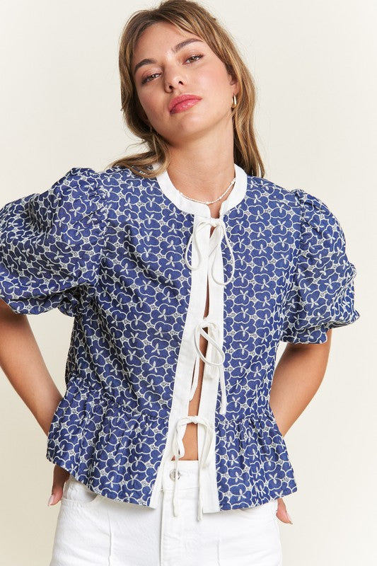 Navy Front Tie Blouse