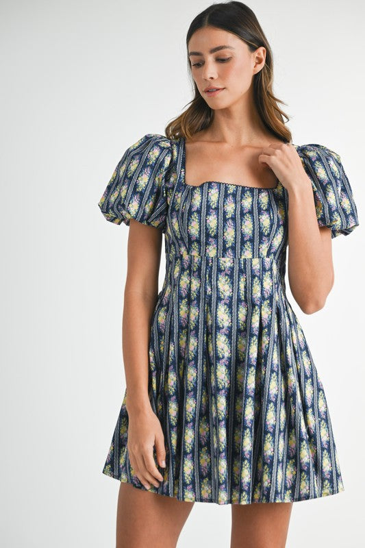 Navy Floral Puff Sleeve Mini Dress