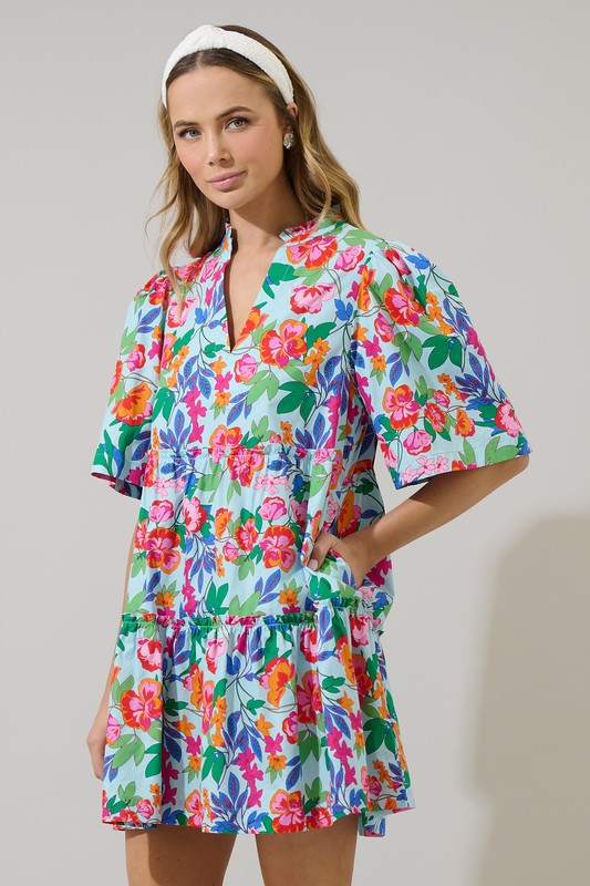 Multi Floral Split Neck Shift Dress