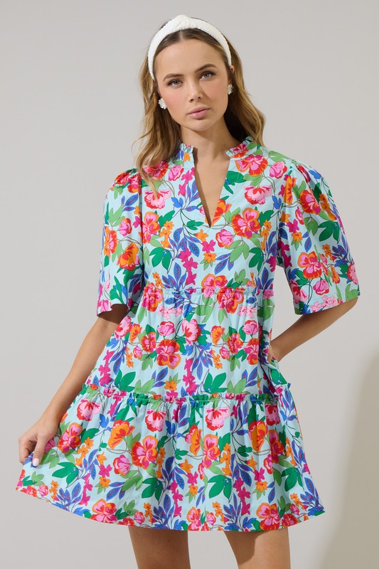 Multi Floral Split Neck Shift Dress