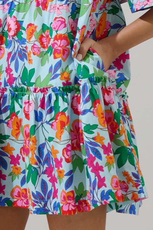Multi Floral Split Neck Shift Dress