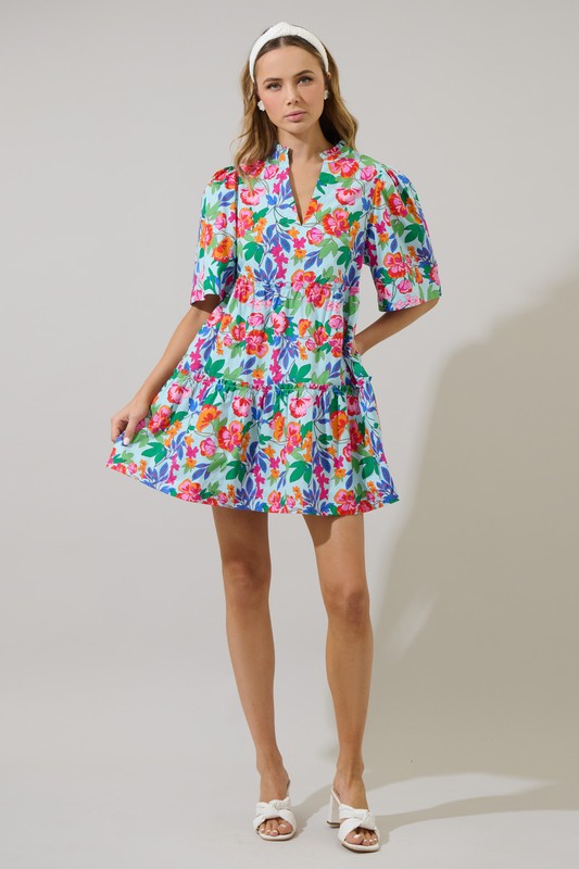 Multi Floral Split Neck Shift Dress