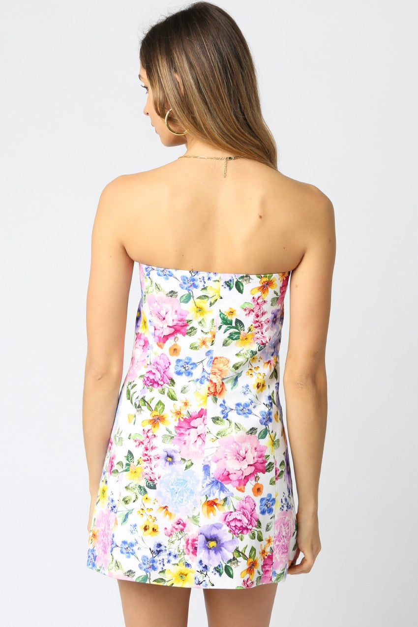 White Multi Floral Strapless Dress