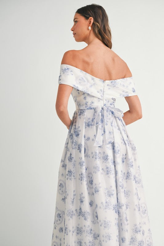 Blue Floral Off Shoulder Maxi Dress