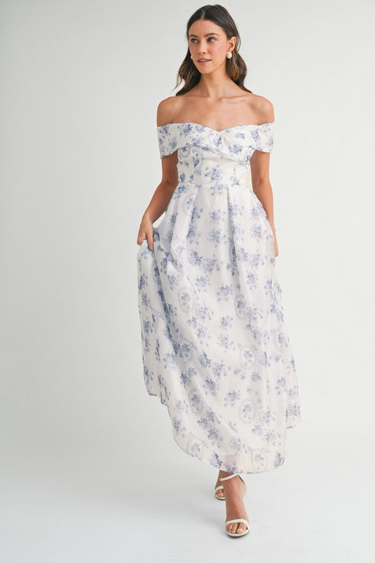 Blue Floral Off Shoulder Maxi Dress