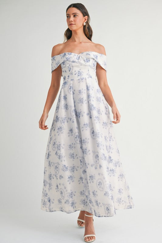 Blue Floral Off Shoulder Maxi Dress