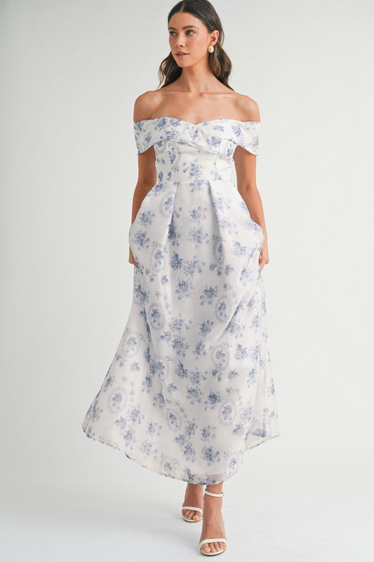 Blue Floral Off Shoulder Maxi Dress