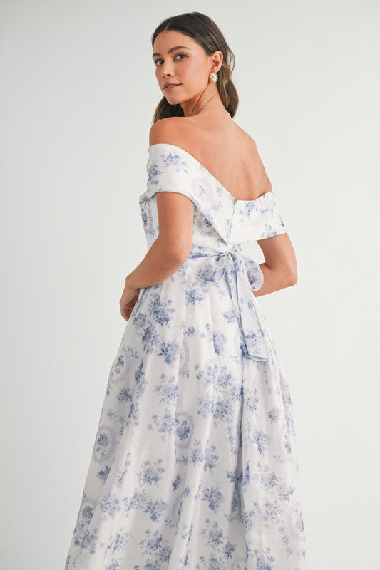 Blue Floral Off Shoulder Maxi Dress