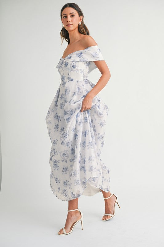 Blue Floral Off Shoulder Maxi Dress