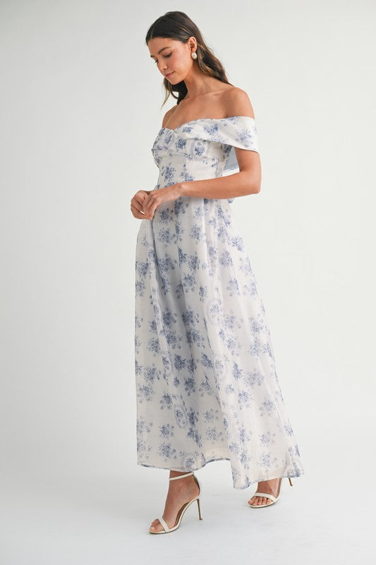 Blue Floral Off Shoulder Maxi Dress