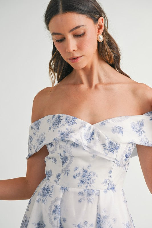 Blue Floral Off Shoulder Maxi Dress