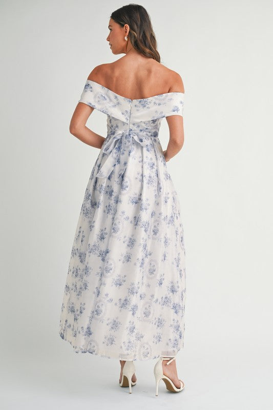 Blue Floral Off Shoulder Maxi Dress
