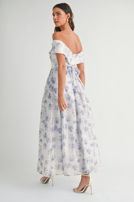 Blue Floral Off Shoulder Maxi Dress
