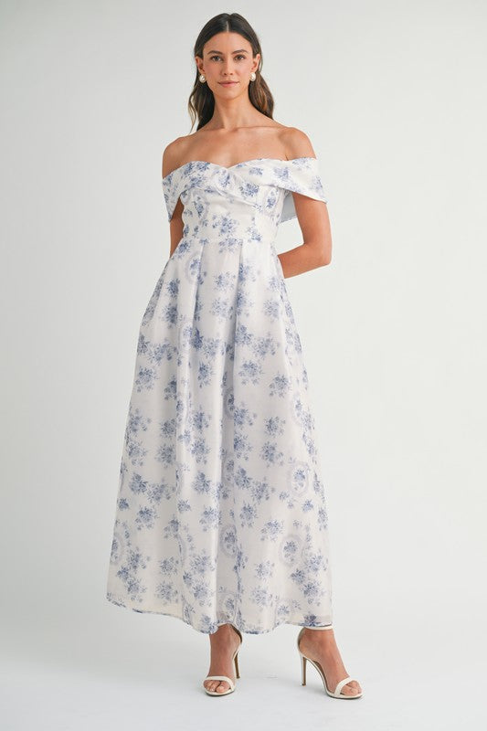 Blue Floral Off Shoulder Maxi Dress
