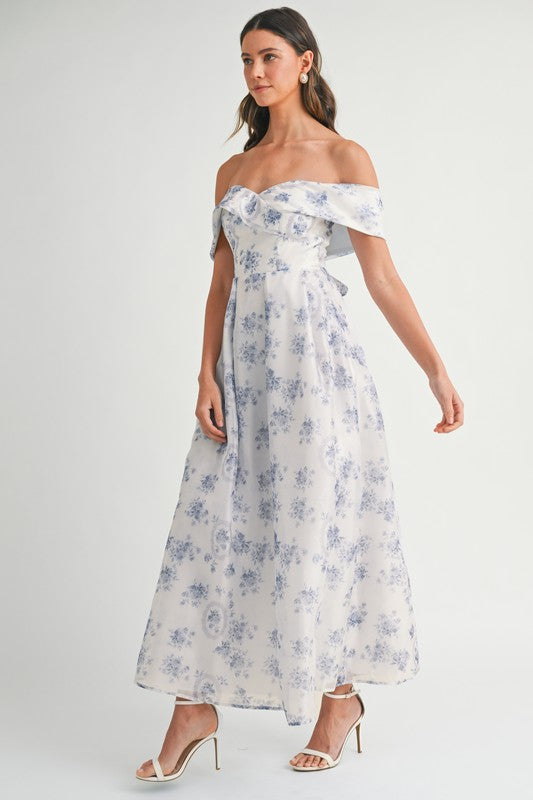 Blue Floral Off Shoulder Maxi Dress
