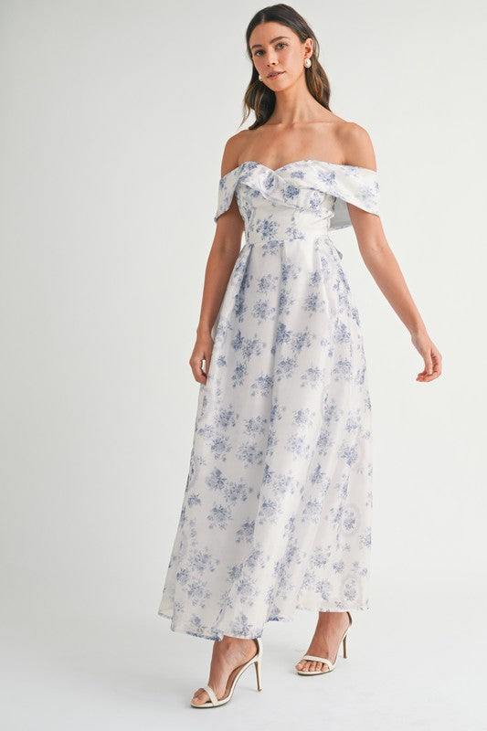 Blue Floral Off Shoulder Maxi Dress