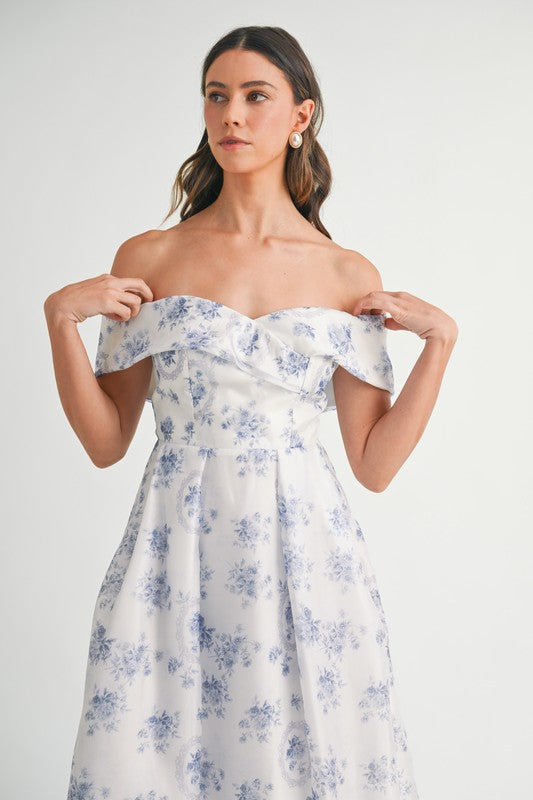 Blue Floral Off Shoulder Maxi Dress