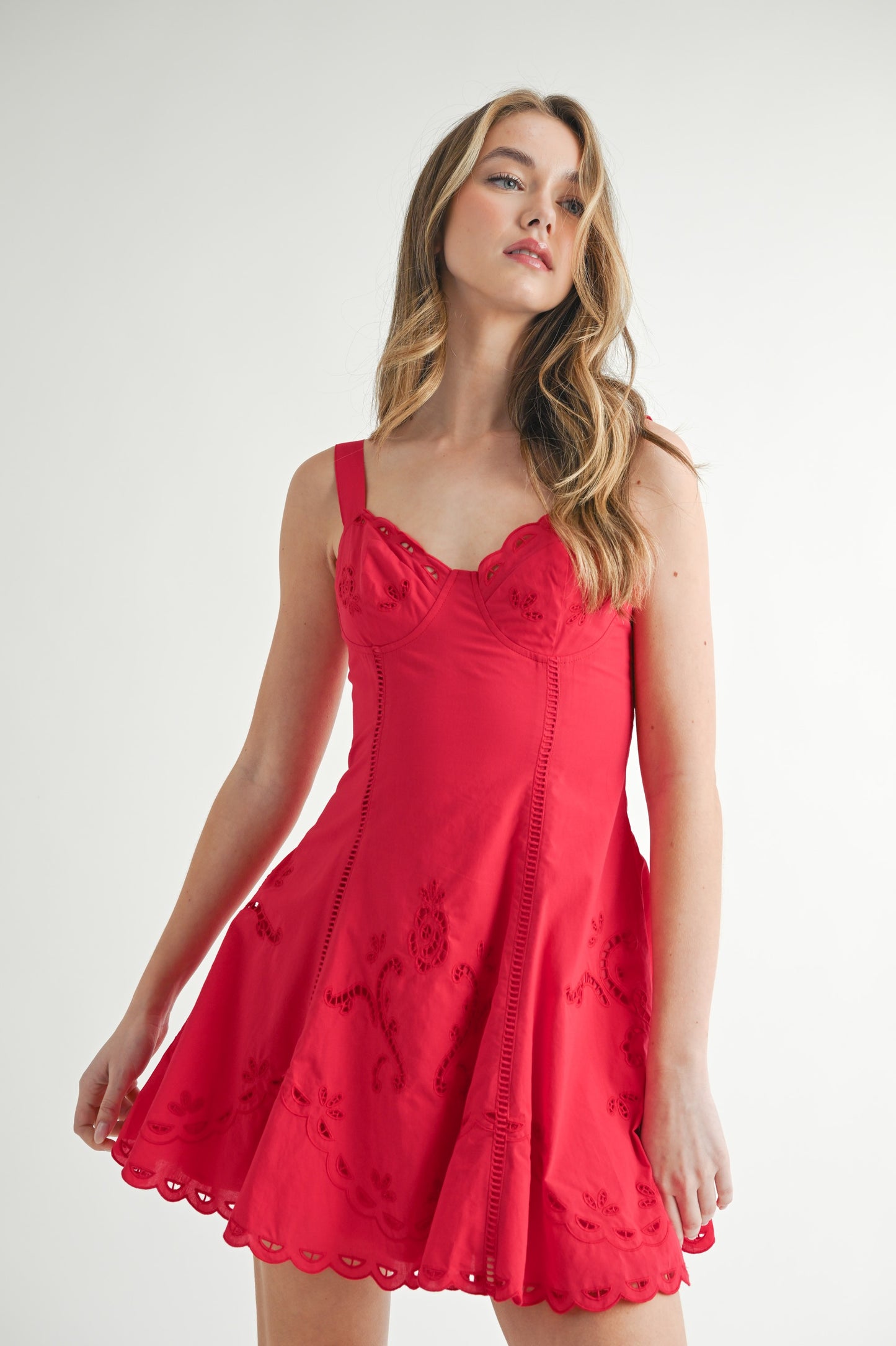Red Cutout Lace Embroidered Mini Dress