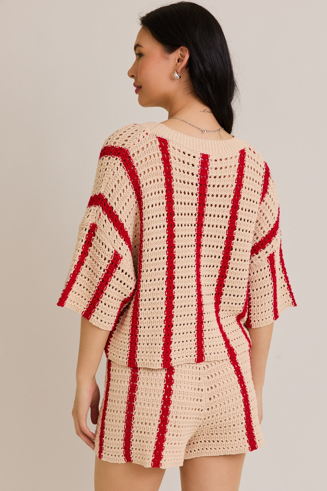 Red Stripe Open Knit Sweater Top