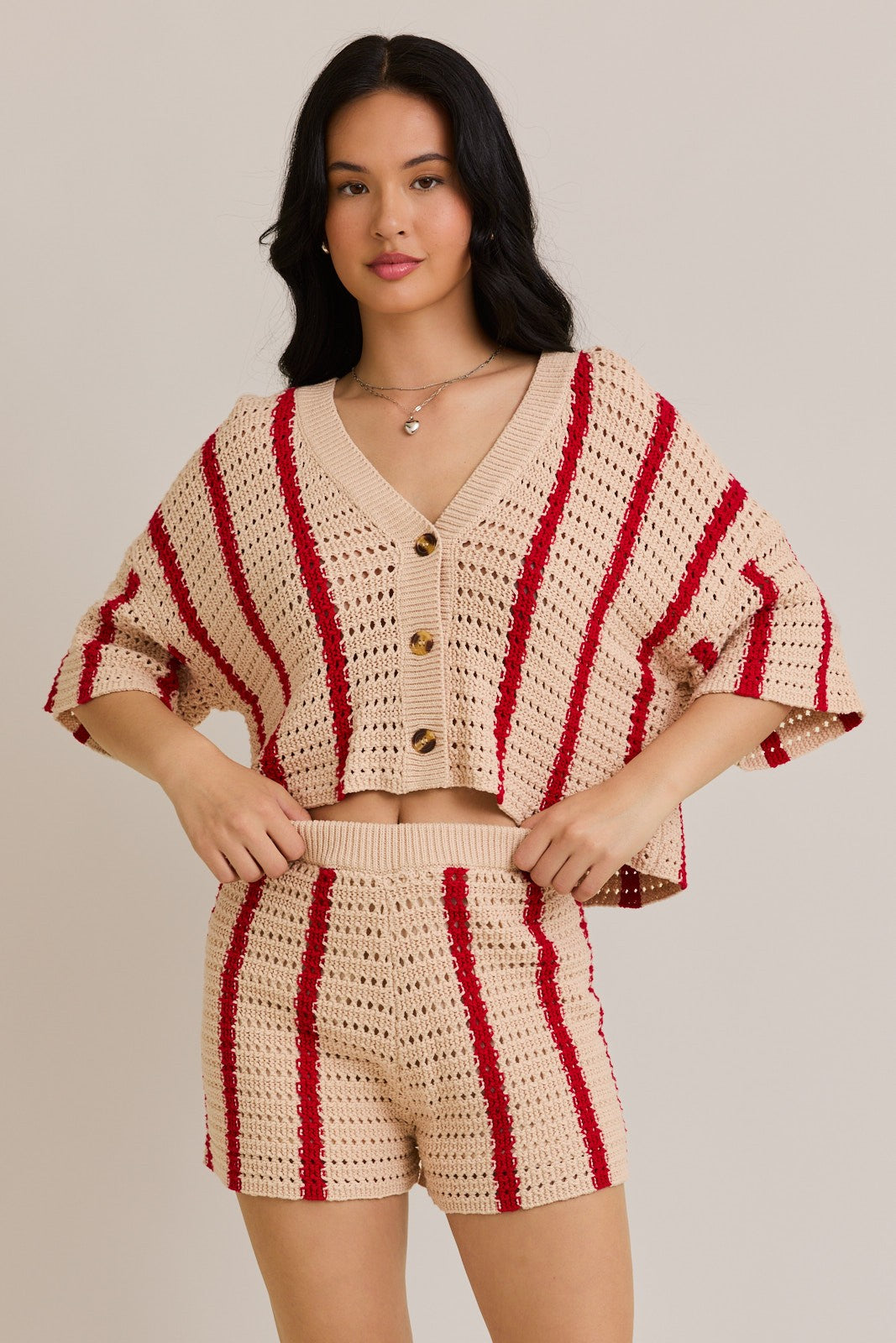Red Stripe Open Knit Sweater Top