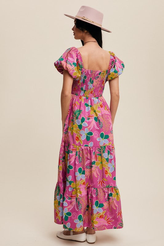 Purple Floral Puff Sleeve Maxi Dress