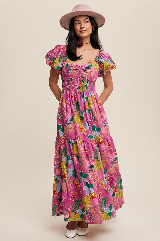 Purple Floral Puff Sleeve Maxi Dress