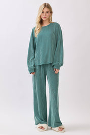 Teal Ribbed Knit Top and Wide Leg Pants Set