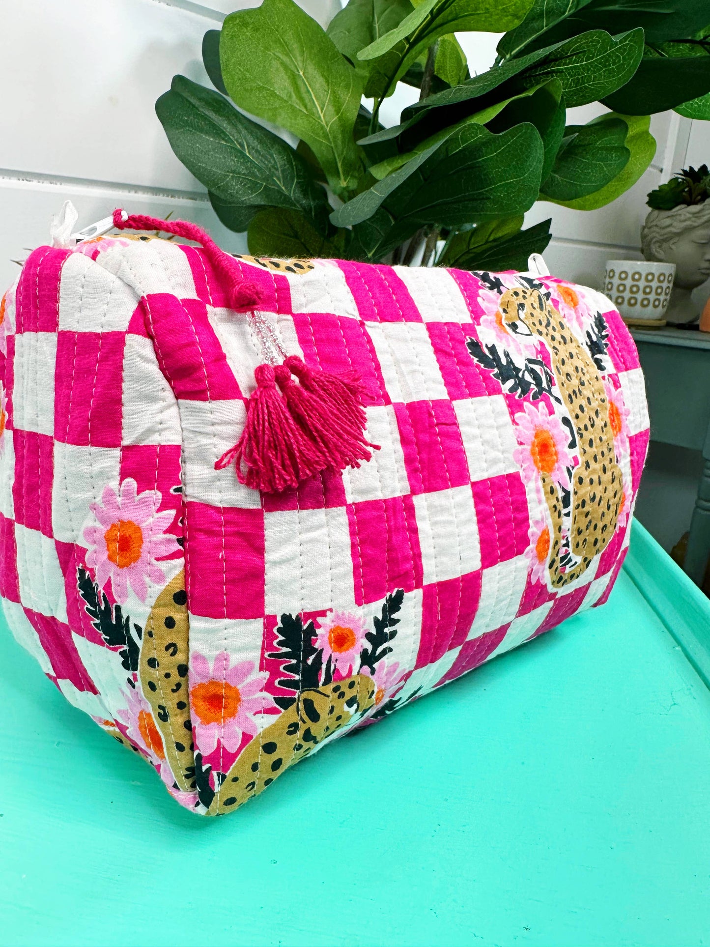 Quilted Makeup Bag | Pink Jaguar Checkered Cosmetics Bag