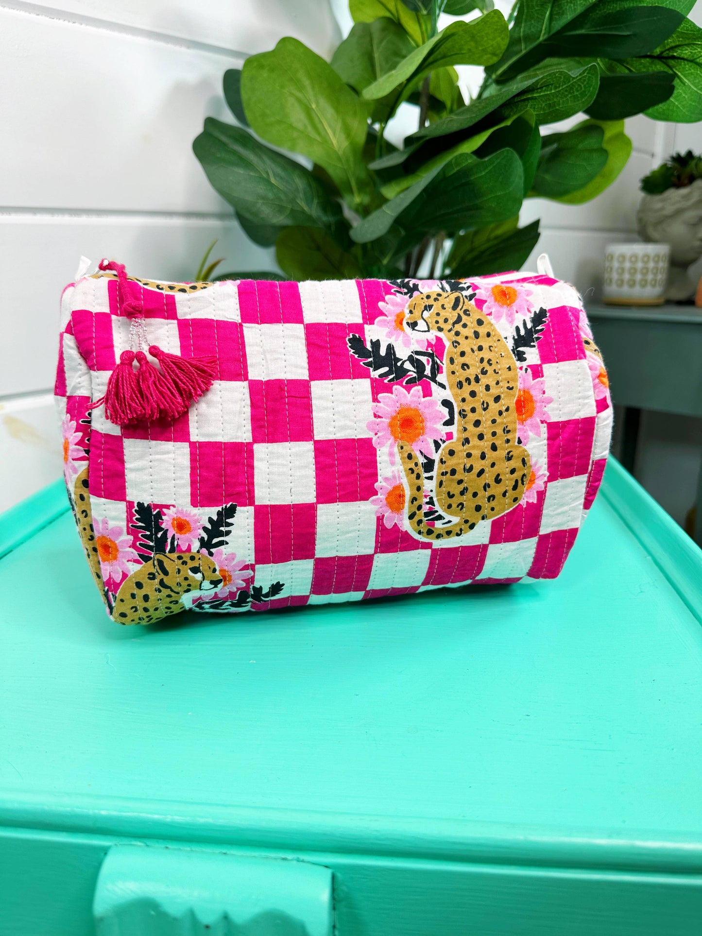 Quilted Makeup Bag | Pink Jaguar Checkered Cosmetics Bag