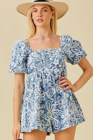 Floral Velvet Denim Romper