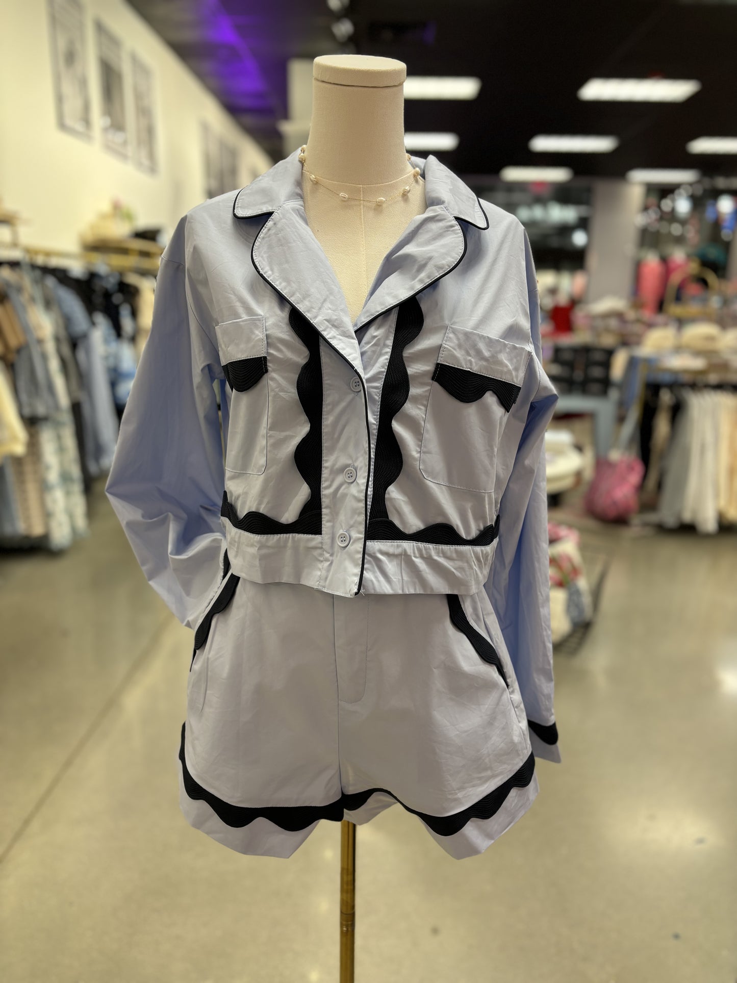 Blue Wavy Lace Shirt & Short Set