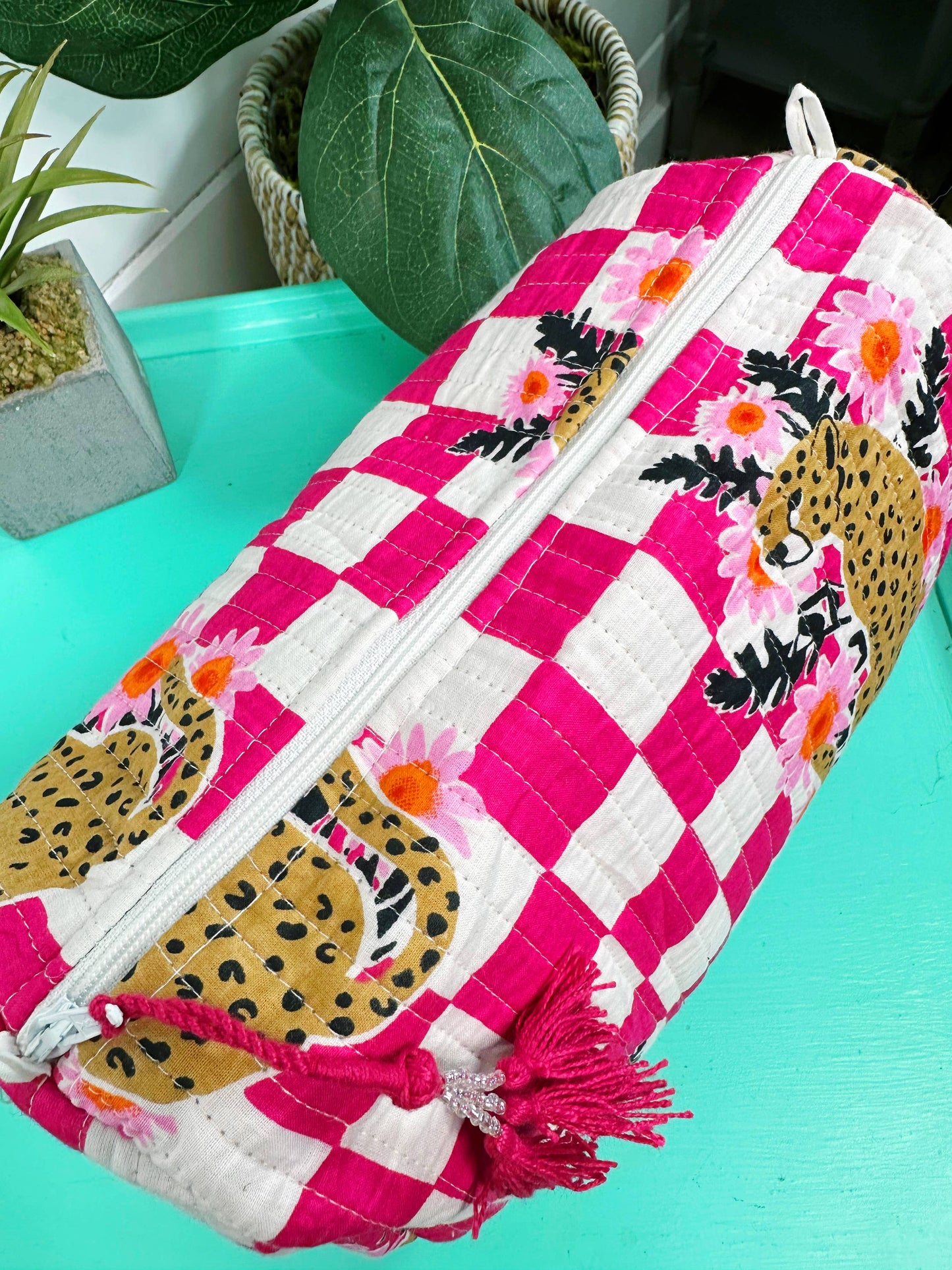Quilted Makeup Bag | Pink Jaguar Checkered Cosmetics Bag