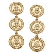 Lizette Bee Medallion Triple Drop Earrings in Worn Gold