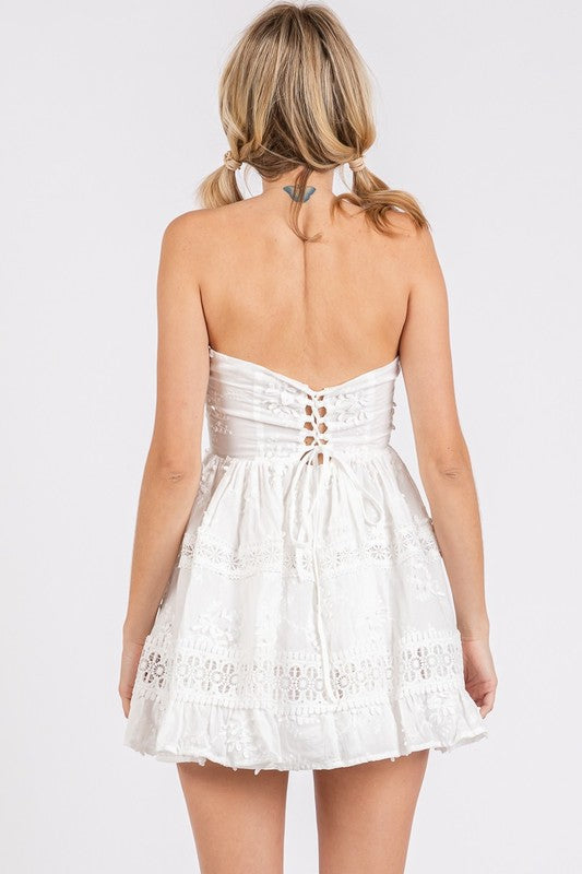 White Floral Strapless Mini Dress