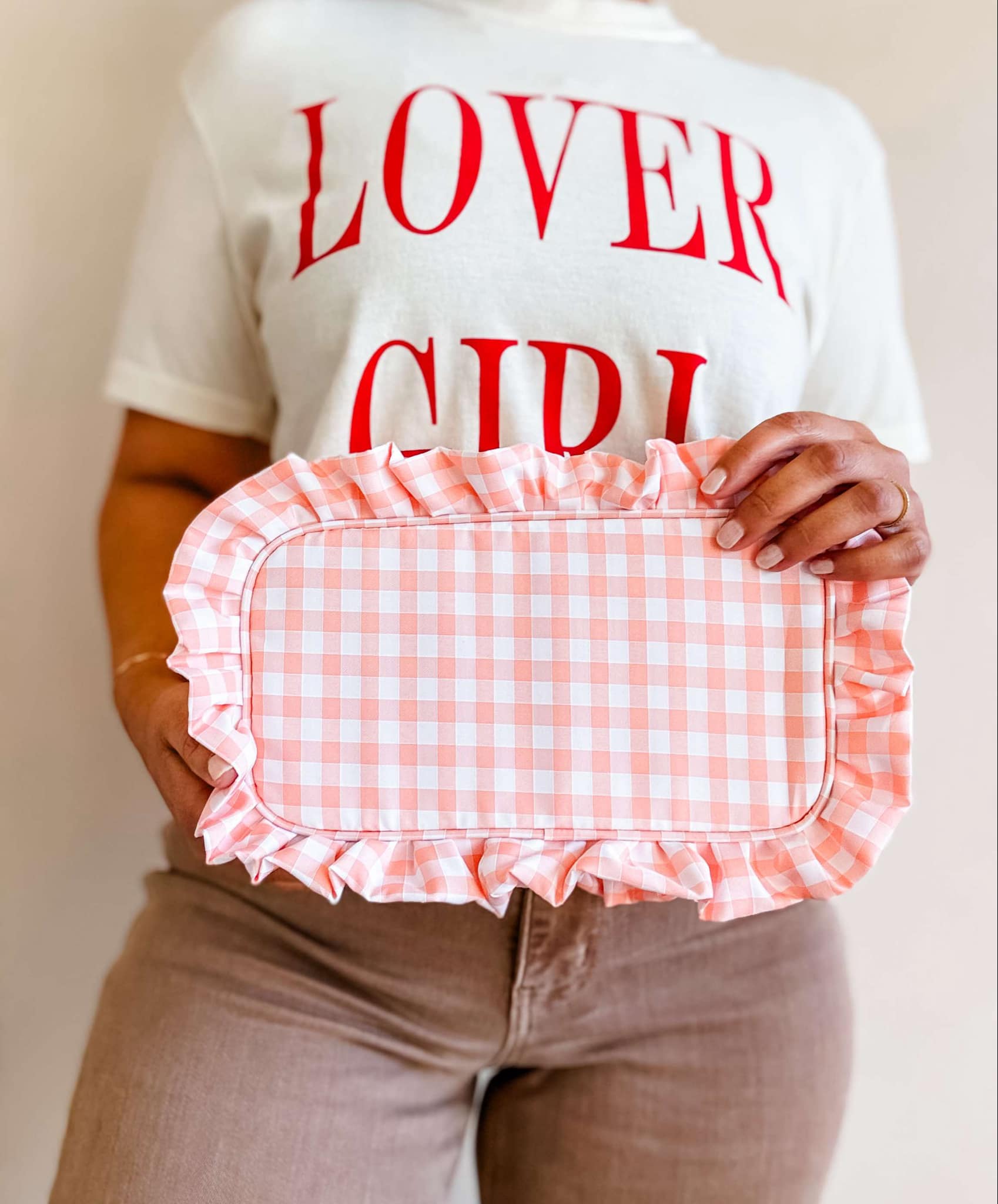 Green Gingham Frilly Makeup Bag — gold zipper and gingham print