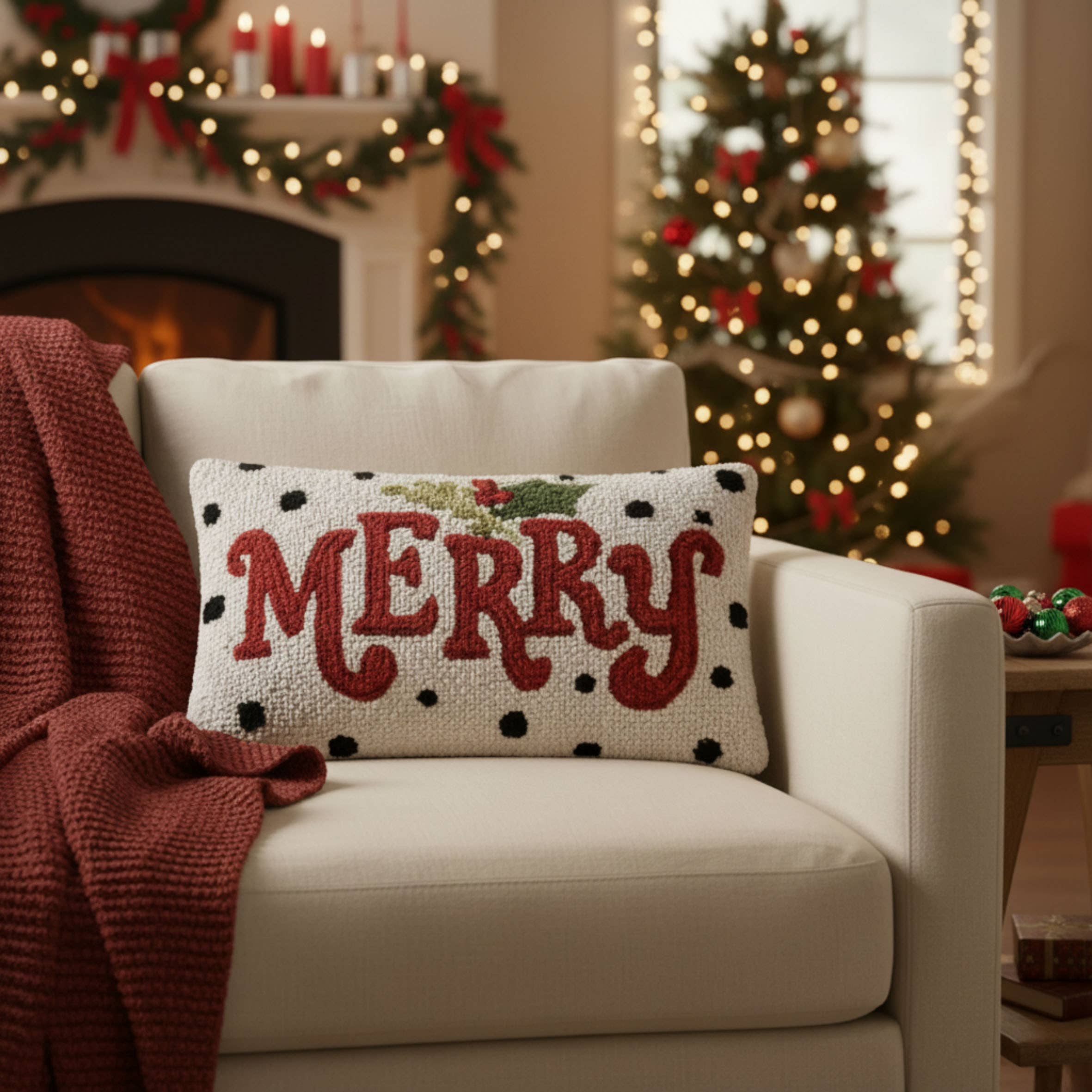 White Polka Merry Hook Pillow