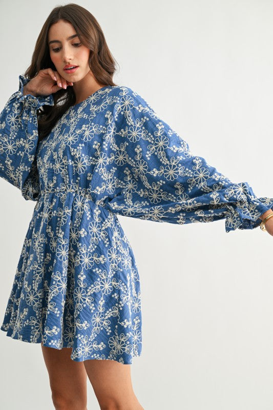 Blue Embroidered Long Sleeve Mini Dress