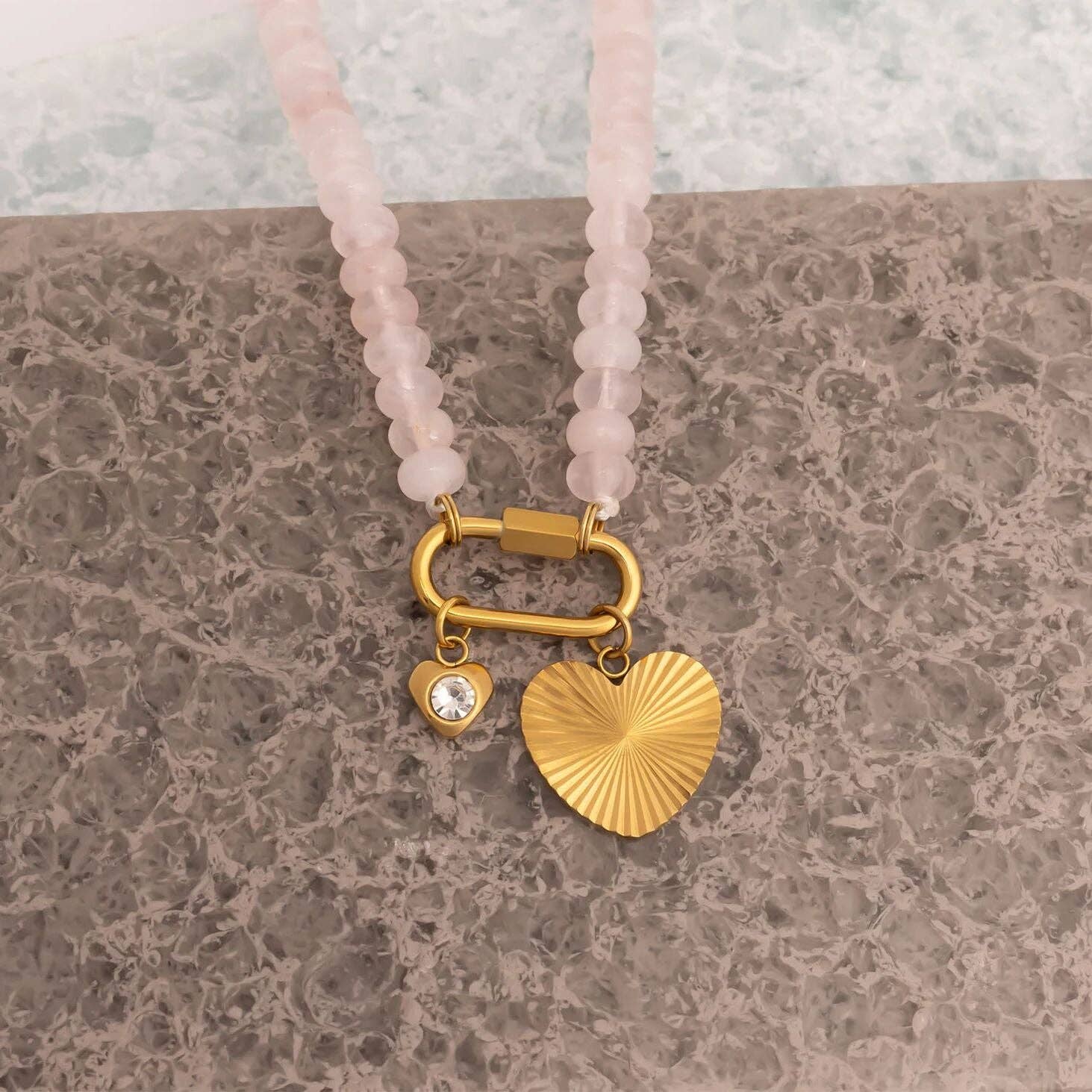 Stainless Steel Pink Chunky Glass Bead Necklace