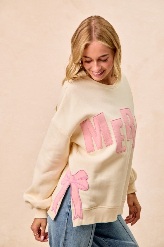 Cream/Pink Merry Christmas Sweatshirt