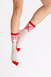 IVORY CANDY CANE BOW SOCKS