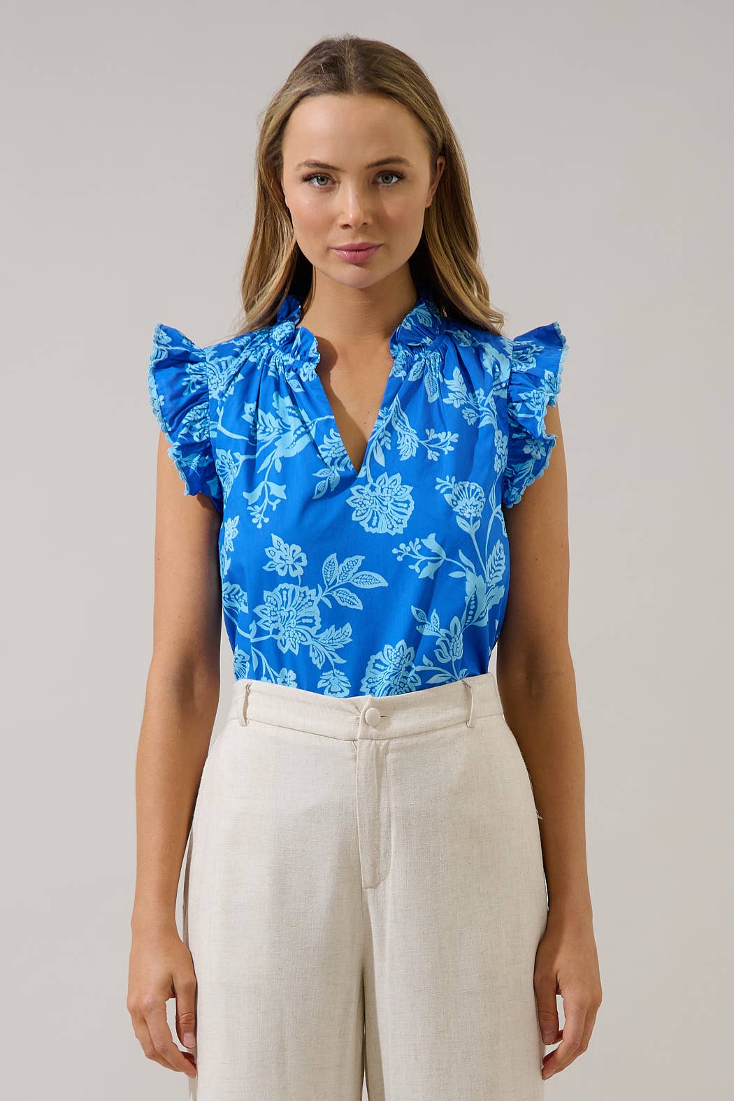 Blue Ruffle Floral Top