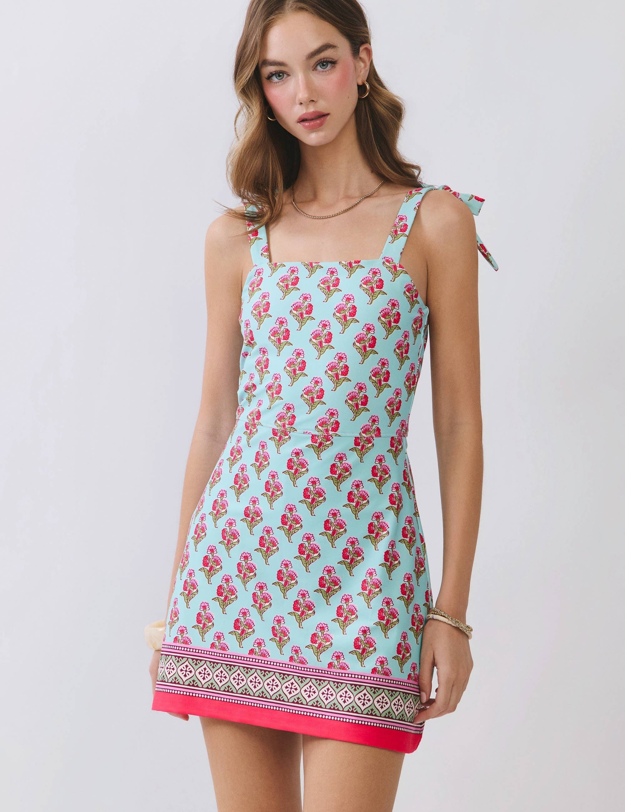Floral Print Mini Dress with Border Hem