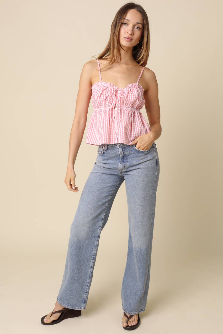 Pink Button-Front Peplum Cami Top