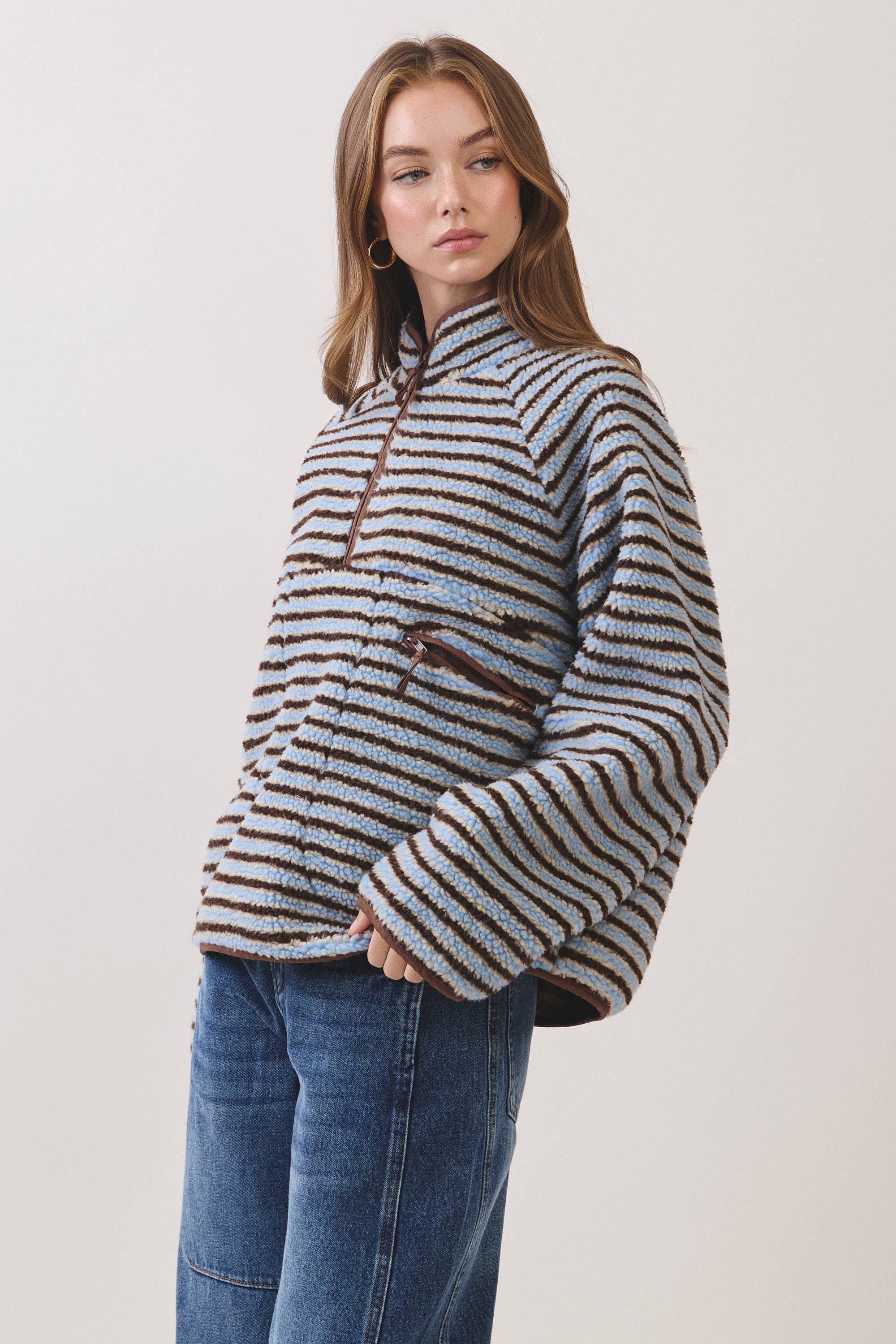 Blue Striped Sherpa Half-Zip Jacket showing sherpa