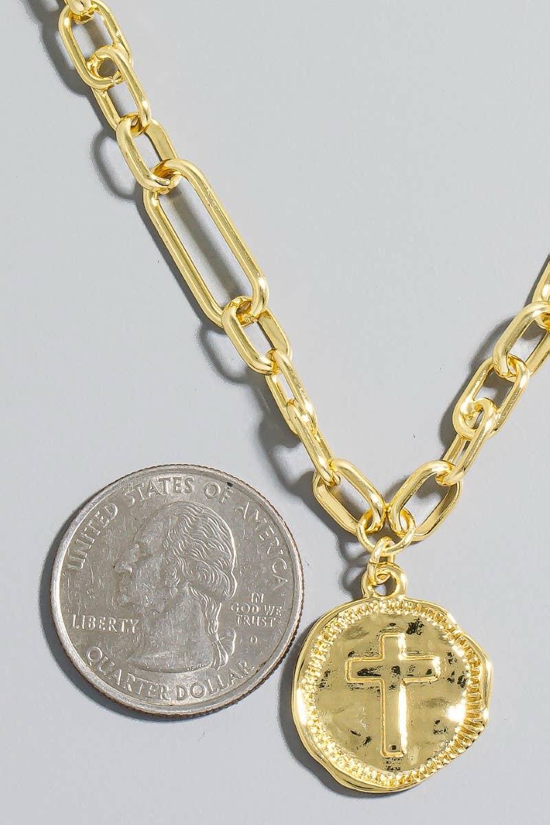 Gold Dipped Cross Coin Pendant Chain Necklace